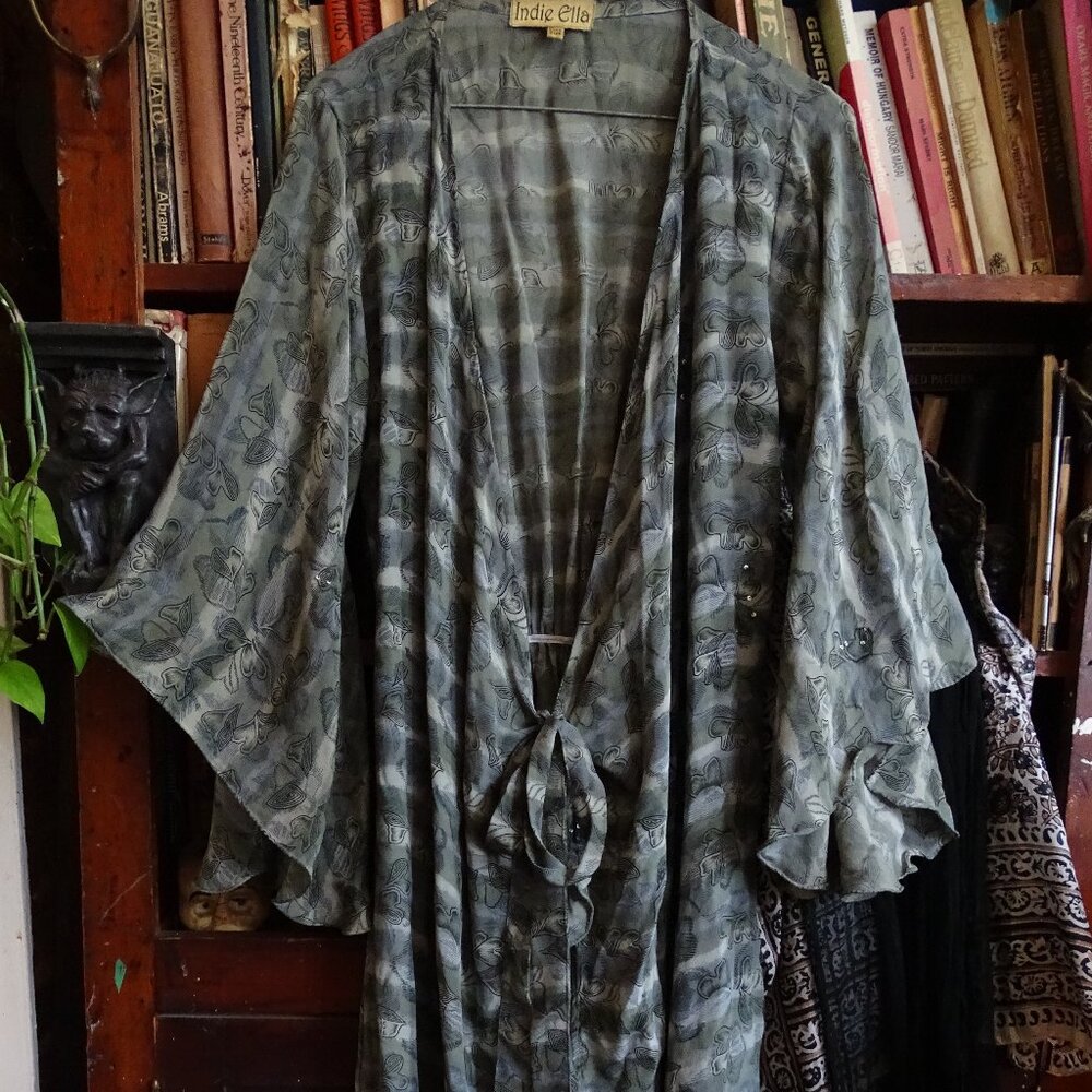 Indie Ella 100% Silk Long Duster Kimono Kaftan Robe Mermaid Greens & Blues